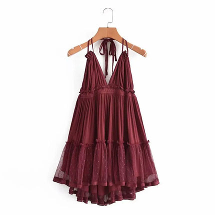 SheMujerSky Sexy Lace Patchwork Backless Mini Dress Summer V Neck Halter Dresses Women's Dress Elegant Party