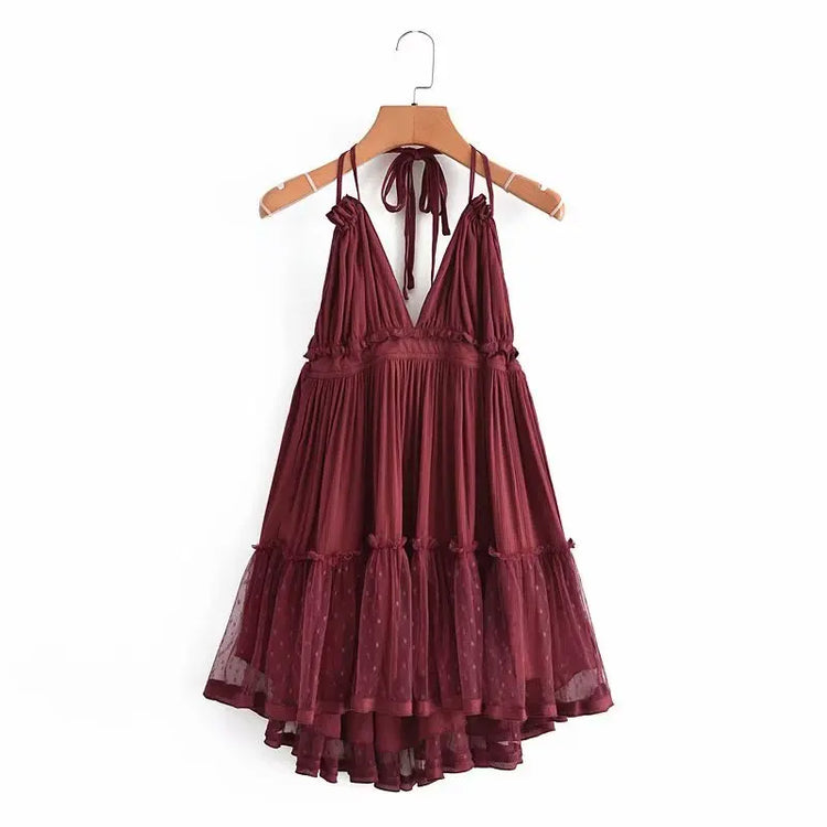 SheMujerSky Abito sexy con giunture in pizzo senza schienale Mini abiti estivi con scollo a V e scollo all'americana Abito da donna Elegante da sera