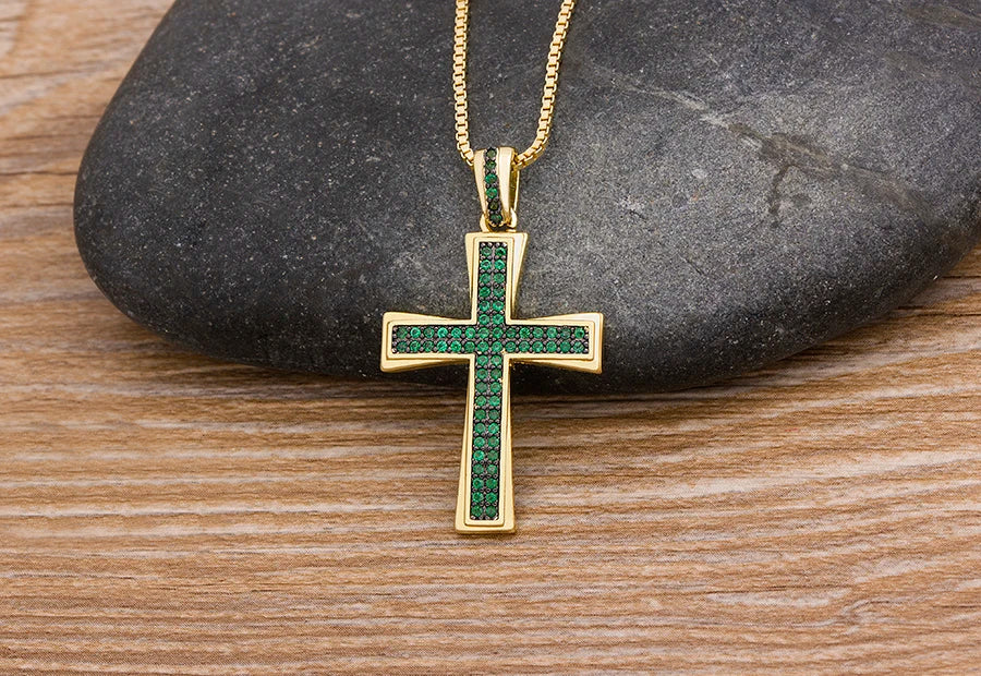 AIBEF Nuova Croce Blu/Viola/Verde Collana di Cristallo Rame Zircone Cubico Collana Girocollo 4 Colori Religione Gioielli Regalo Per La Festa
