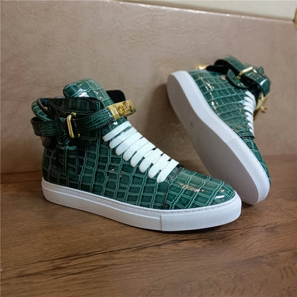 Luxury Designer Men Crocodile Pattern High Top Sneakers Glossy Patent Leather Gold Buckle Lace-up Casual Street Shoes Footwear
