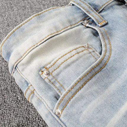 Men Crystal Holes Ripped Patchwork Jeans Streetwear Light Blue Denim Slim Skinny Pencil Pants Trousers PlatiNum