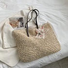 Borsa da donna Borsa da spiaggia estiva Borsa da spiaggia in rattan intrecciata a mano in paglia lavorata a maglia di grande capacità Borsa a tracolla da donna in pelle Bohemia Nuovo