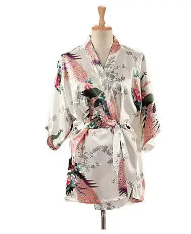 Kimono Yukata Giapponese da Donna con Stampa Pavone, in Raso di Seta, Stile Corto, Camicia da Notte, Vestaglia, Costume