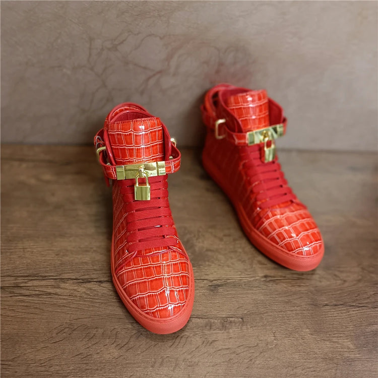 Luxury Designer Men Crocodile Pattern High Top Sneakers Glossy Patent Leather Gold Buckle Lace-up Casual Street Shoes Footwear