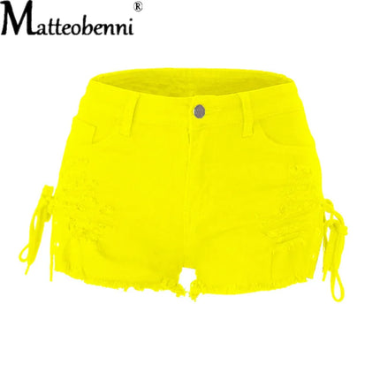 New Black Ripped Fringed Lace-Up Denim Summer Shorts, Casual with Pockets, for Women - Hot Sale