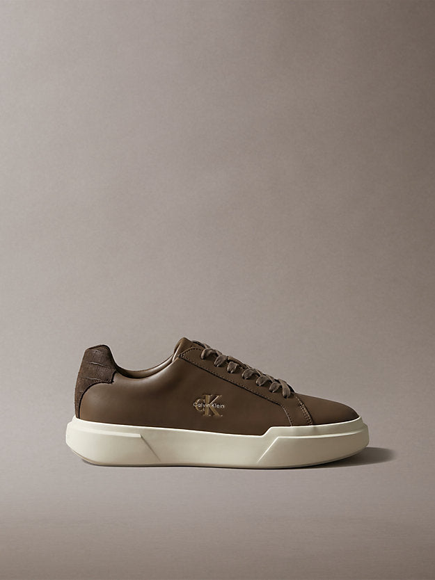 chunky sneakers ad alta trazione e resistenza in pelle mocha/rocky brown da uomini calvin klein