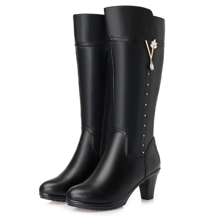GKTINOO Winter Knee High Boots Warm Wool Fur Shoes Woman High Heels Soft Leather Non-slip Women's Winter Boots Footwear Botas