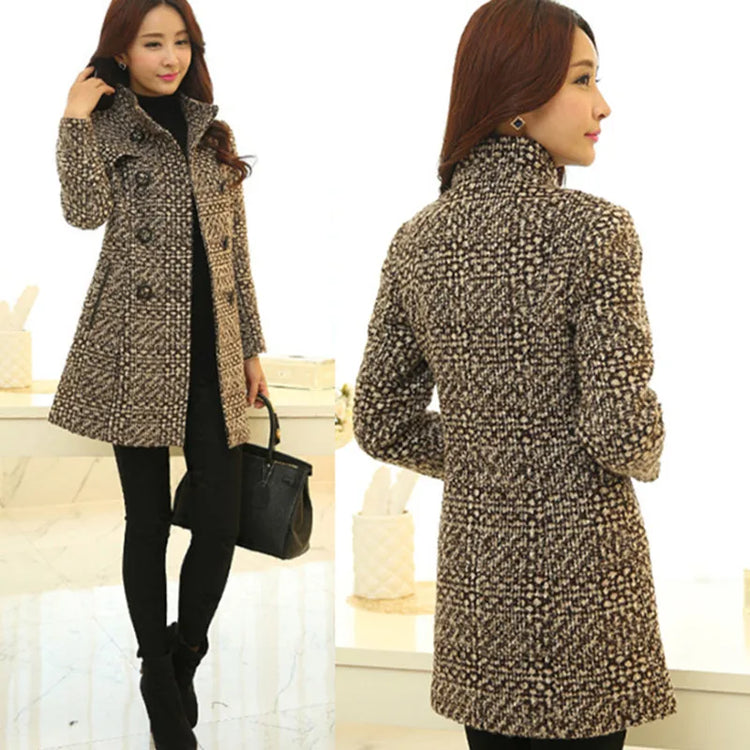 New Women's Wool Blends Coat Winter 2026 Autumn Fashion Elegant Mother Turtleneck Plaid Slim Long Tweed Woolen Outerwear Female