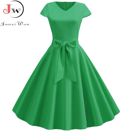 Robe d'été vintage pour femme avec ceinture, manches courtes, col en V, élégante robe de soirée rétro évasée