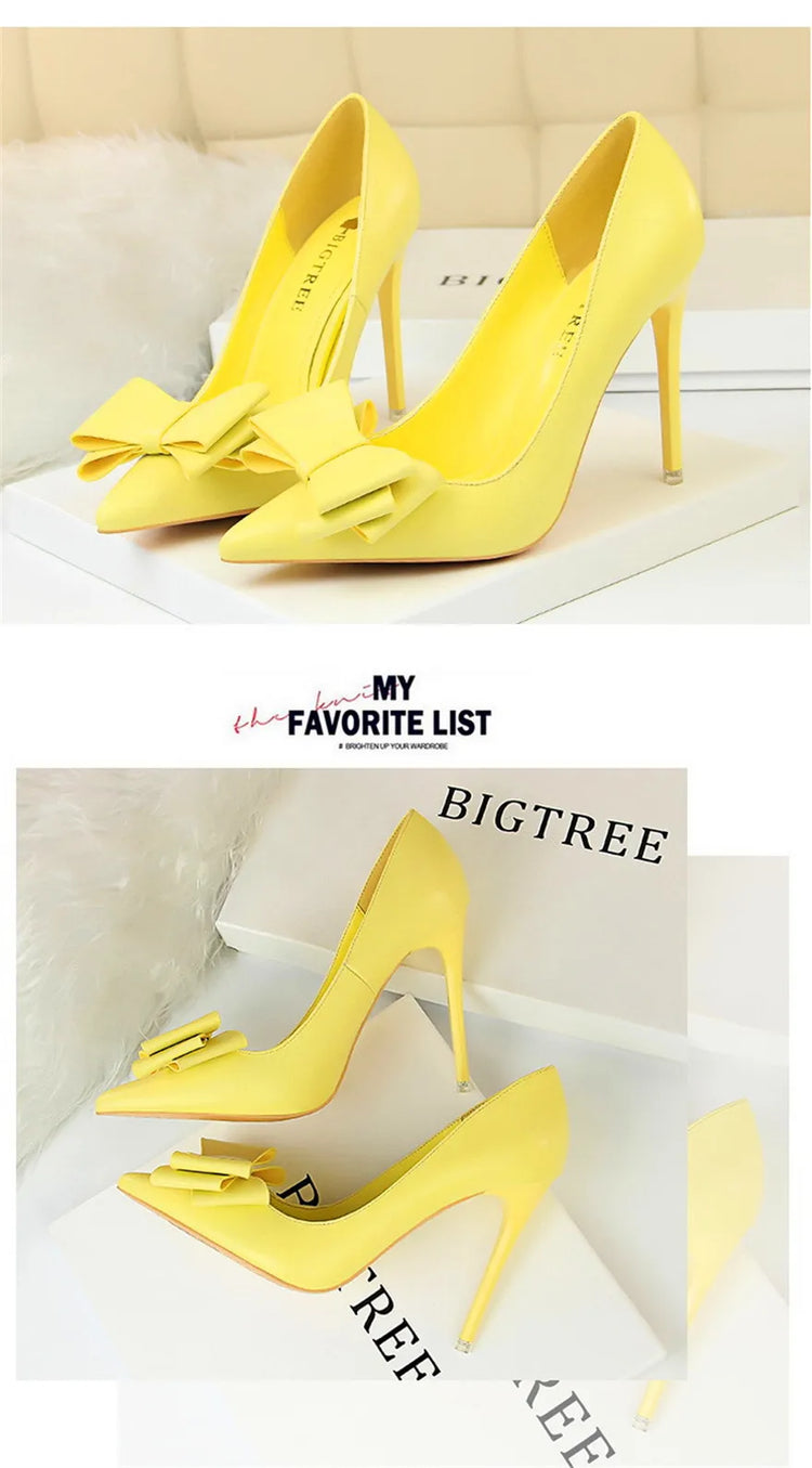 BIGTREE Rosso Blu Nero Scarpe Bowknot Dolce Donna Décolleté in morbida pelle Punta a punta Donna Tacchi alti Abito a spillo Scarpe da donna da ufficio