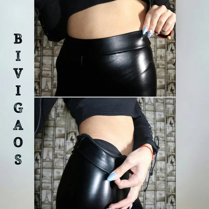 BIVIGAOS Fashion Women PU Leather Pants Elastic High Waist Winter Leggings Slim Velvet Leather Leggings Skinny Fleece Trousers PlatiNum