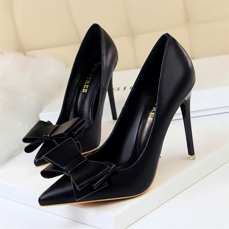 BIGTREE Rosso Blu Nero Scarpe Bowknot Dolce Donna Décolleté in morbida pelle Punta a punta Donna Tacchi alti Abito a spillo Scarpe da donna da ufficio