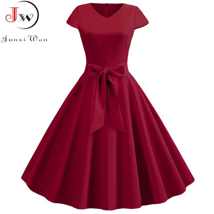 Robe d'été vintage pour femme avec ceinture, manches courtes, col en V, élégante robe de soirée rétro évasée