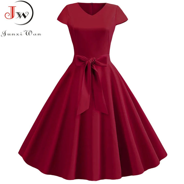 Women's Vintage Summer Dress with Belt Short Sleeve V-Neck Elegant Retro Party Swing Dresses