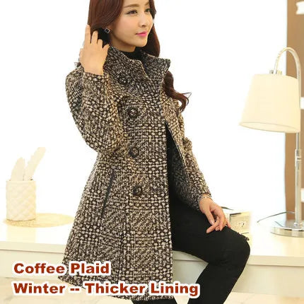 New Women's Wool Blends Coat Winter 2026 Autumn Fashion Elegant Mother Turtleneck Plaid Slim Long Tweed Woolen Outerwear Female