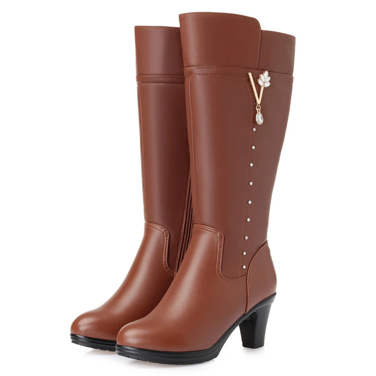 GKTINOO Winter Knee High Boots Warm Wool Fur Shoes Woman High Heels Soft Leather Non-slip Women's Winter Boots Footwear Botas