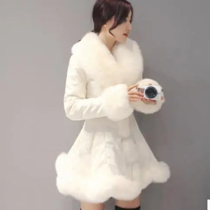 New Fashion Womens Big Faux Fur Coats Fur Collar Leather Mid Long Parkas Winter Female Warm Fur Outwear Beige Coats Clothes
