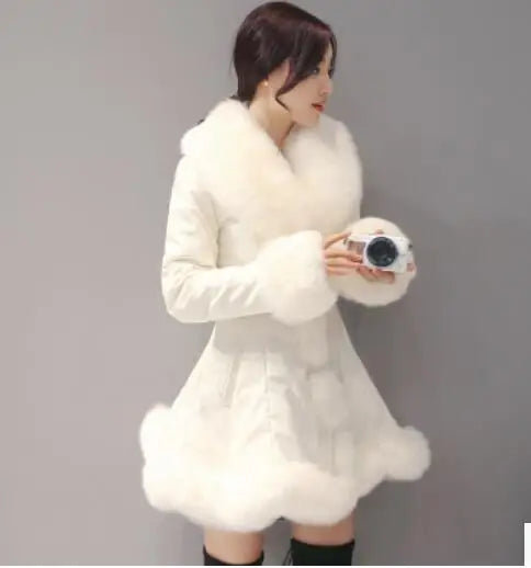 New Fashion Womens Big Faux Fur Coats Fur Collar Leather Mid Long Parkas Winter Female Warm Fur Outwear Beige Coats Clothes