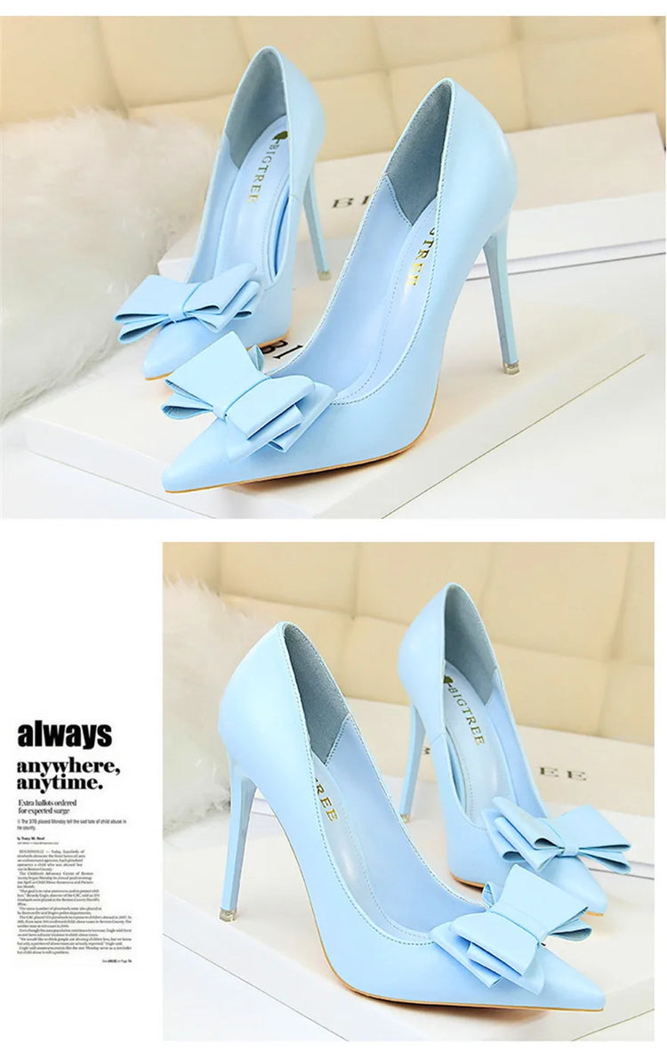 BIGTREE Rosso Blu Nero Scarpe Bowknot Dolce Donna Décolleté in morbida pelle Punta a punta Donna Tacchi alti Abito a spillo Scarpe da donna da ufficio