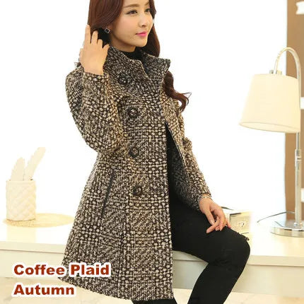 New Women's Wool Blends Coat Winter 2026 Autumn Fashion Elegant Mother Turtleneck Plaid Slim Long Tweed Woolen Outerwear Female