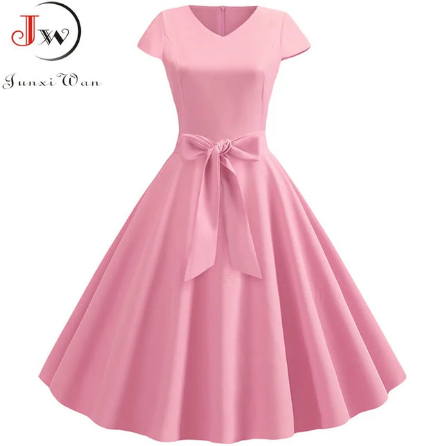 Women's Vintage Summer Dress with Belt Short Sleeve V-Neck Elegant Retro Party Swing Dresses