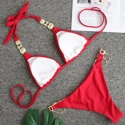 Catene di metallo con scollo all'americana Strass Diamante Bikini Costume da bagno donna Costumi da bagno femminili Due pezzi Bikini set Costume da bagno brasiliano Swim platinumshop