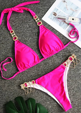 Catene di metallo con scollo all'americana Strass Diamante Bikini Costume da bagno donna Costumi da bagno femminili Due pezzi Bikini set Costume da bagno brasiliano Swim platinumshop