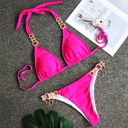 Catene di metallo con scollo all'americana Strass Diamante Bikini Costume da bagno donna Costumi da bagno femminili Due pezzi Bikini set Costume da bagno brasiliano Swim platinumshop