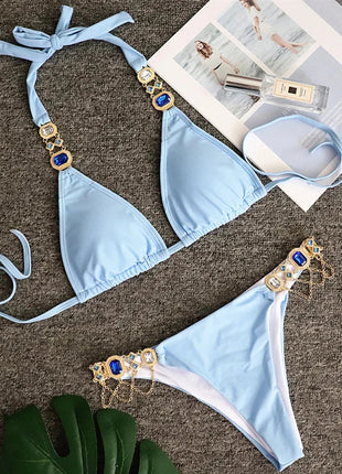 Catene di metallo con scollo all'americana Strass Diamante Bikini Costume da bagno donna Costumi da bagno femminili Due pezzi Bikini set Costume da bagno brasiliano Swim platinumshop