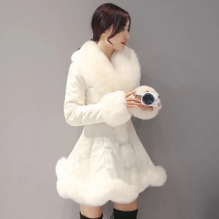 New Fashion Womens Big Faux Fur Coats Fur Collar Leather Mid Long Parkas Winter Female Warm Fur Outwear Beige Coats Clothes