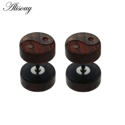 Alisouy 2PC Moda Orecchini a bottone in legno Orecchini Marrone naturale Nero 8 10 12mm Punk Bilanciere Tappi per le orecchie finti Brincos per le donne degli uomini platinumshop
