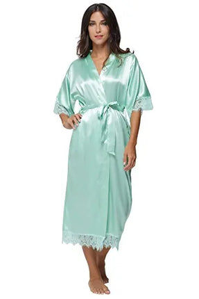 Estate Patchwork di pizzo Raso Kimono Robe Indumenti da notte sexy Lingerie Camicie Donna Camicia da notte lunga in seta Abiti da damigella d'onore da sposa