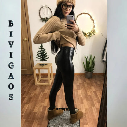 BIVIGAOS Fashion Women PU Leather Pants Elastic High Waist Winter Leggings Slim Velvet Leather Leggings Skinny Fleece Trousers PlatiNum