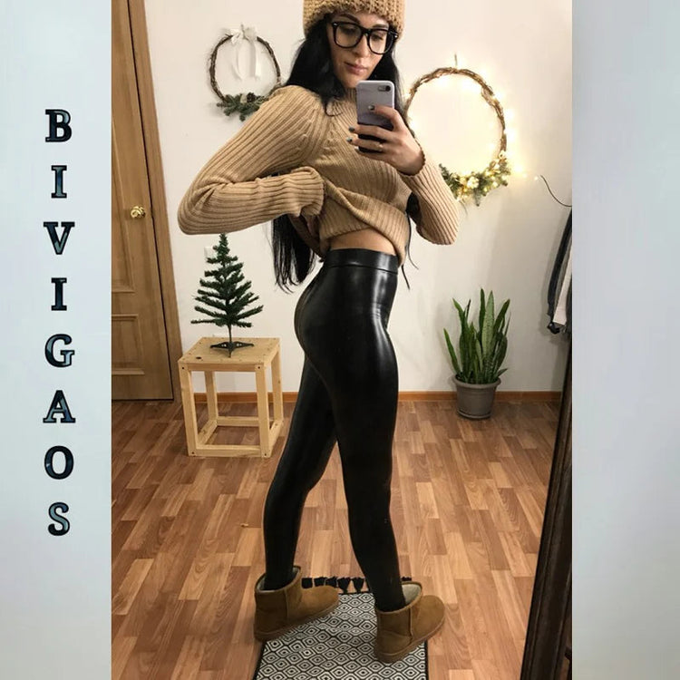 BIVIGAOS Fashion Women PU Leather Pants Elastic High Waist Winter Leggings Slim Velvet Leather Leggings Skinny Fleece Trousers PlatiNum