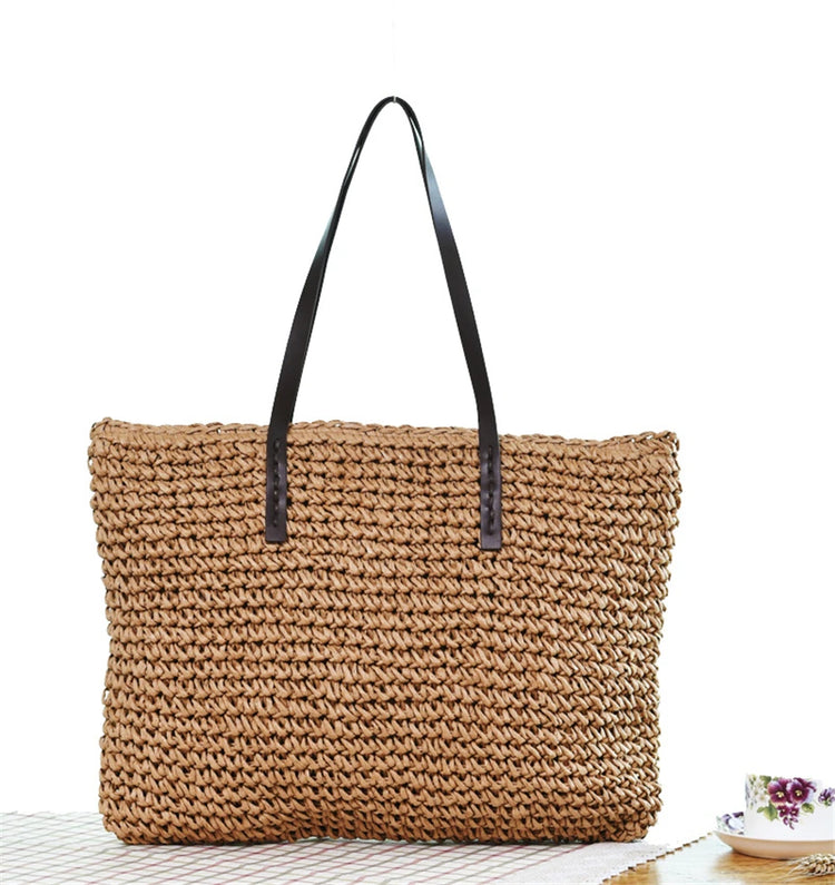 Borsa da donna Borsa da spiaggia estiva Borsa da spiaggia in rattan intrecciata a mano in paglia lavorata a maglia di grande capacità Borsa a tracolla da donna in pelle Bohemia Nuovo