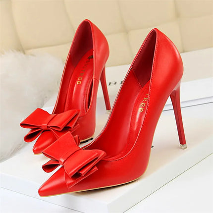 BIGTREE Rosso Blu Nero Scarpe Bowknot Dolce Donna Décolleté in morbida pelle Punta a punta Donna Tacchi alti Abito a spillo Scarpe da donna da ufficio