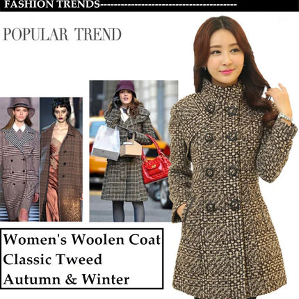 New Women's Wool Blends Coat Winter 2026 Autumn Fashion Elegant Mother Turtleneck Plaid Slim Long Tweed Woolen Outerwear Female