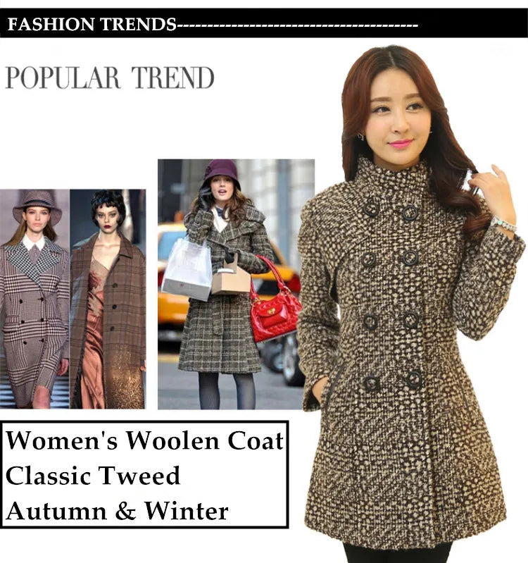 New Women's Wool Blends Coat Winter 2026 Autumn Fashion Elegant Mother Turtleneck Plaid Slim Long Tweed Woolen Outerwear Female