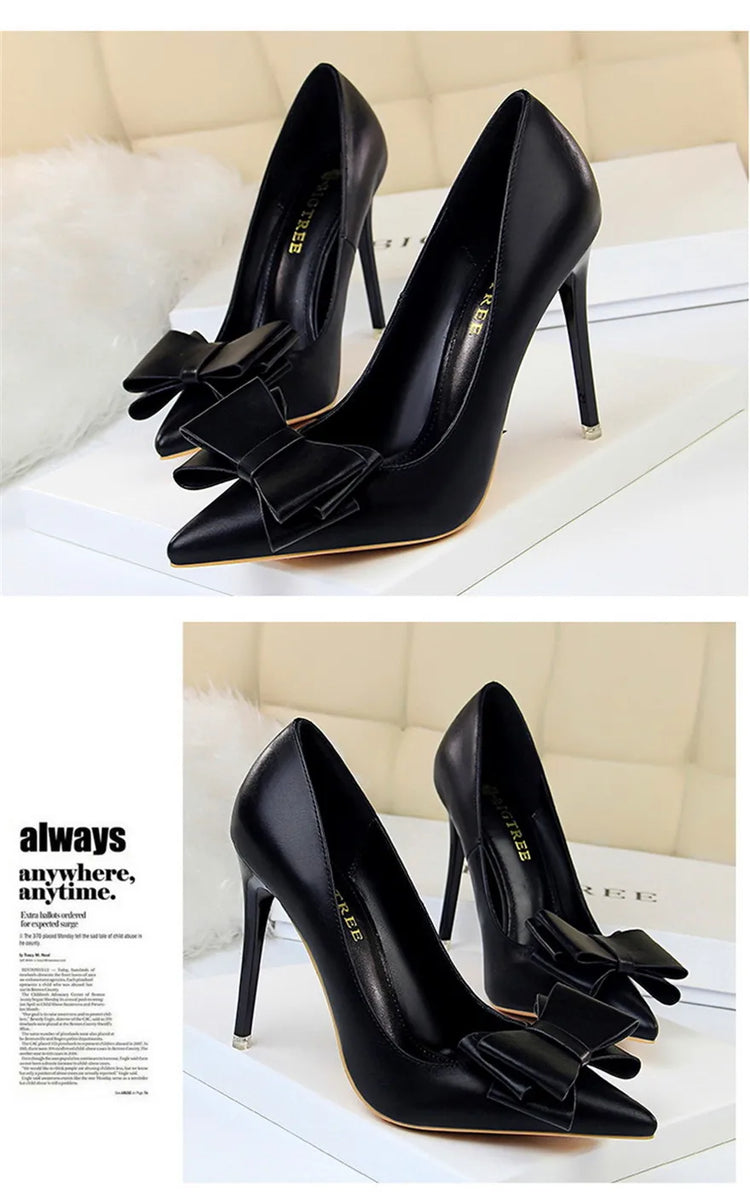 BIGTREE Rosso Blu Nero Scarpe Bowknot Dolce Donna Décolleté in morbida pelle Punta a punta Donna Tacchi alti Abito a spillo Scarpe da donna da ufficio