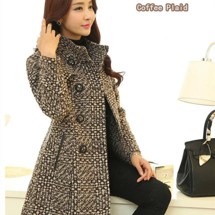 New Women's Wool Blends Coat Winter 2026 Autumn Fashion Elegant Mother Turtleneck Plaid Slim Long Tweed Woolen Outerwear Female