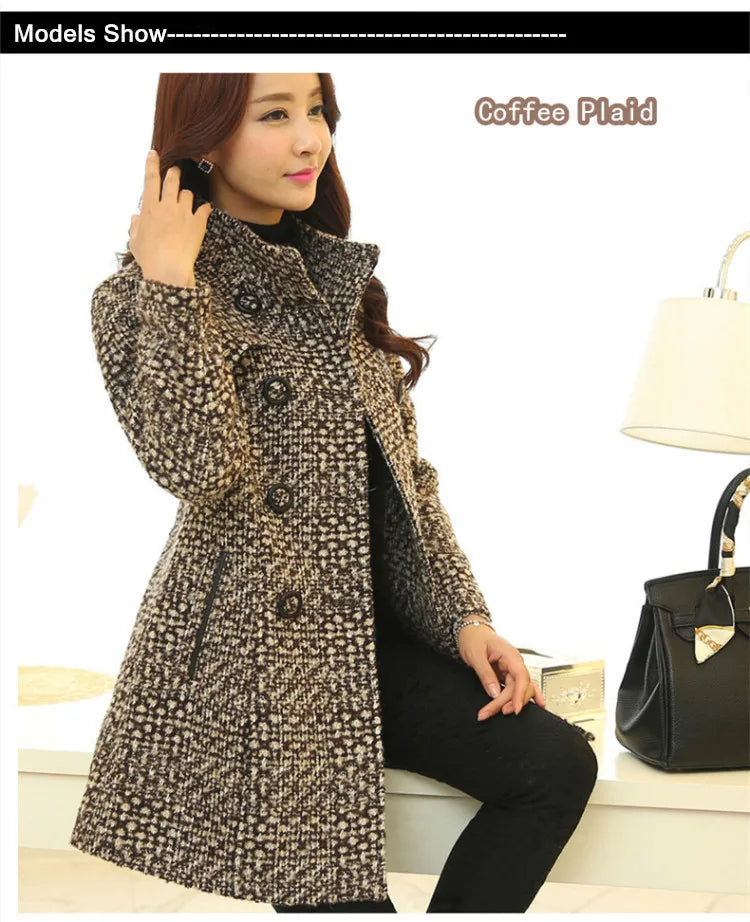 New Women's Wool Blends Coat Winter 2026 Autumn Fashion Elegant Mother Turtleneck Plaid Slim Long Tweed Woolen Outerwear Female