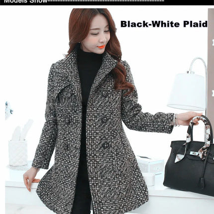 New Women's Wool Blends Coat Winter 2026 Autumn Fashion Elegant Mother Turtleneck Plaid Slim Long Tweed Woolen Outerwear Female