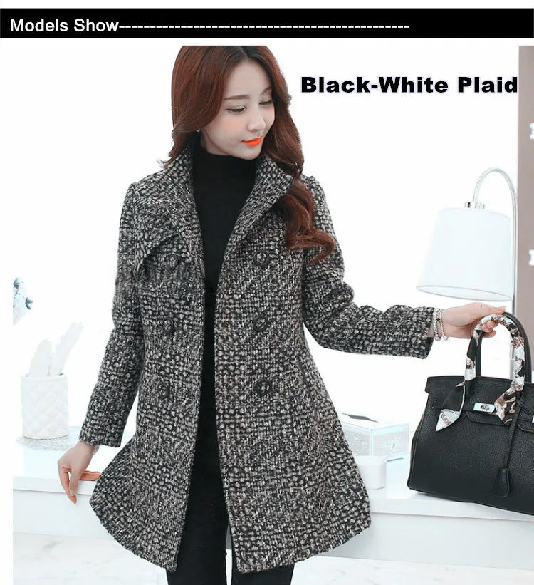 New Women's Wool Blends Coat Winter 2026 Autumn Fashion Elegant Mother Turtleneck Plaid Slim Long Tweed Woolen Outerwear Female