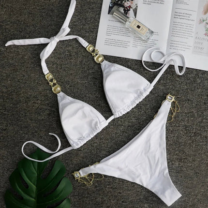 Catene di metallo con scollo all'americana Strass Diamante Bikini Costume da bagno donna Costumi da bagno femminili Due pezzi Bikini set Costume da bagno brasiliano Swim platinumshop