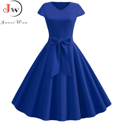 Robe d'été vintage pour femme avec ceinture, manches courtes, col en V, élégante robe de soirée rétro évasée
