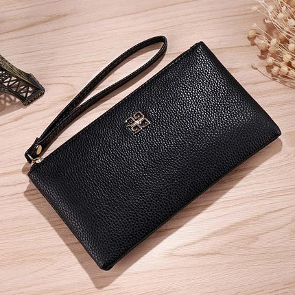 Portafoglio lungo casual da donna in pelle PU con grana litchi, tasca per telefono con cerniera, porta carte di credito, portamonete femminile