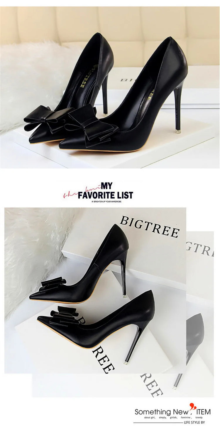 BIGTREE Rosso Blu Nero Scarpe Bowknot Dolce Donna Décolleté in morbida pelle Punta a punta Donna Tacchi alti Abito a spillo Scarpe da donna da ufficio