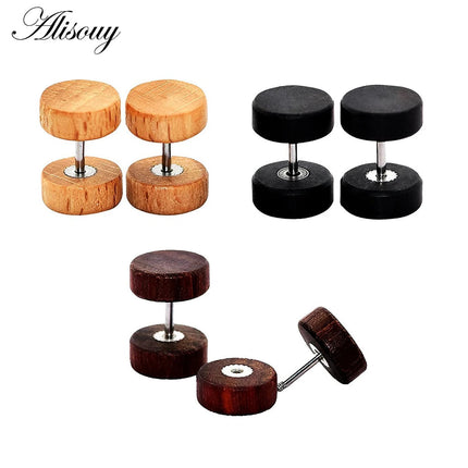 Alisouy 2PC Moda Orecchini a bottone in legno Orecchini Marrone naturale Nero 8 10 12mm Punk Bilanciere Tappi per le orecchie finti Brincos per le donne degli uomini platinumshop