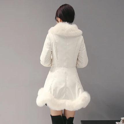 New Fashion Womens Big Faux Fur Coats Fur Collar Leather Mid Long Parkas Winter Female Warm Fur Outwear Beige Coats Clothes