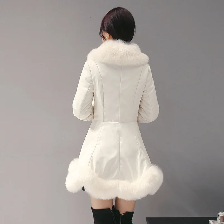 New Fashion Womens Big Faux Fur Coats Fur Collar Leather Mid Long Parkas Winter Female Warm Fur Outwear Beige Coats Clothes